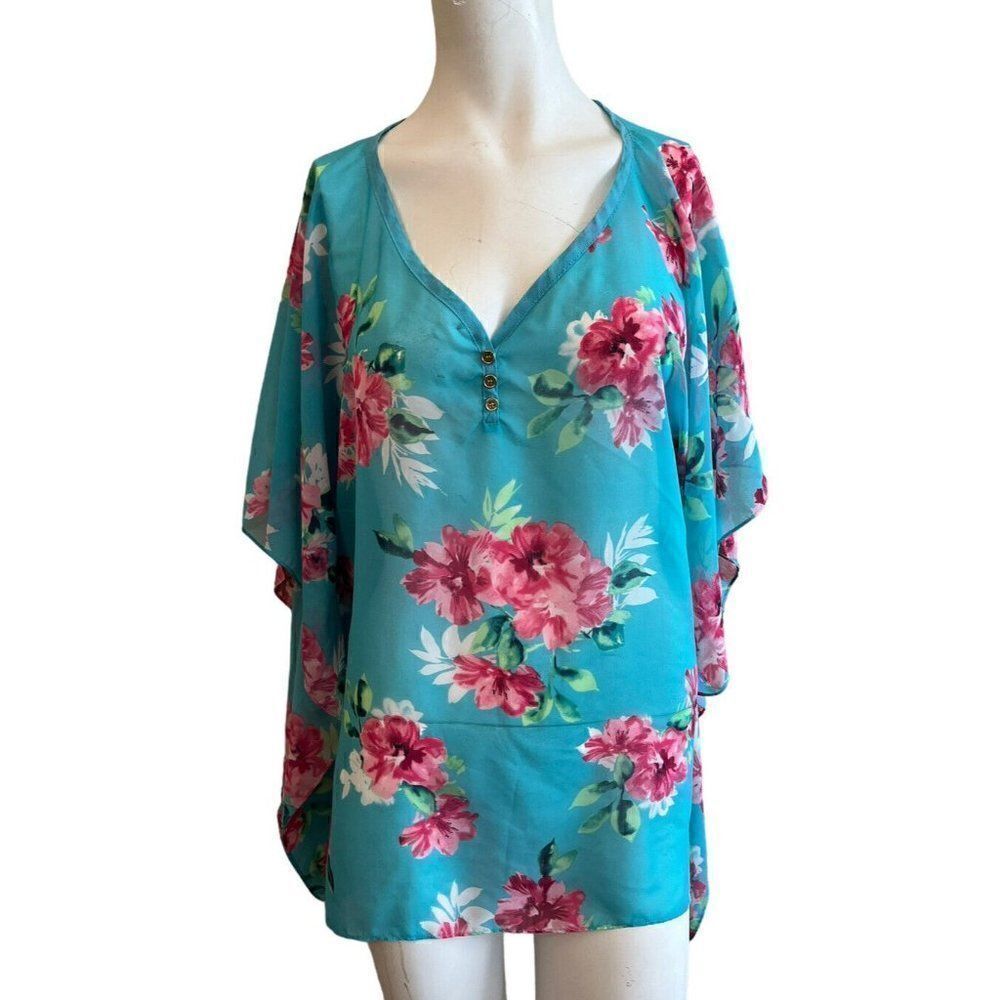 Talbots Womens Small Medium Blue Floral Dolman Sleeve Blouse Sheer Top Oversized